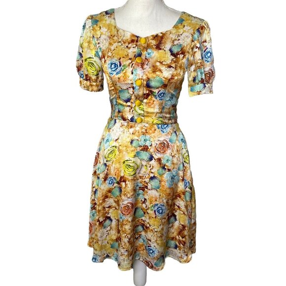 Vintage Retro Flower Pattern Women’s Fit Flare Dress Short Size XS  24” Waist - Picture 1 of 8